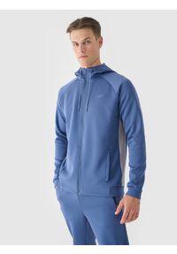 4f - 4F Bluza treningowa rozpinana z kapturem męska - niebieska L. Okazja: na co dzień. Typ kołnierza: kaptur. Kolor: niebieski. Materiał: włókno, elastan, dzianina, materiał, syntetyk. Długość rękawa: raglanowy rękaw. Wzór: gładki, jednolity, ze splotem. Styl: sportowy, casual. Sport: fitness