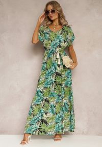 Renee - Zielono-Czarna Maxi Sukienka z Wiskozy w Kwiatowy Print ze Sznurkiem w Talii Anukka. Kolor: zielony. Materiał: wiskoza. Wzór: kwiaty, nadruk. Długość: maxi