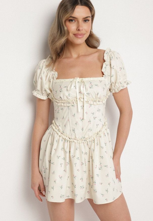 Born2be - Żółta Sukienka Vices z Bufkami Falbankami i Wiązaniem w Kwiaty Tolalira. Okazja: na co dzień. Typ kołnierza: kołnierz z falbankami. Kolor: żółty. Materiał: skóra. Wzór: kwiaty. Styl: casual, elegancki, klasyczny