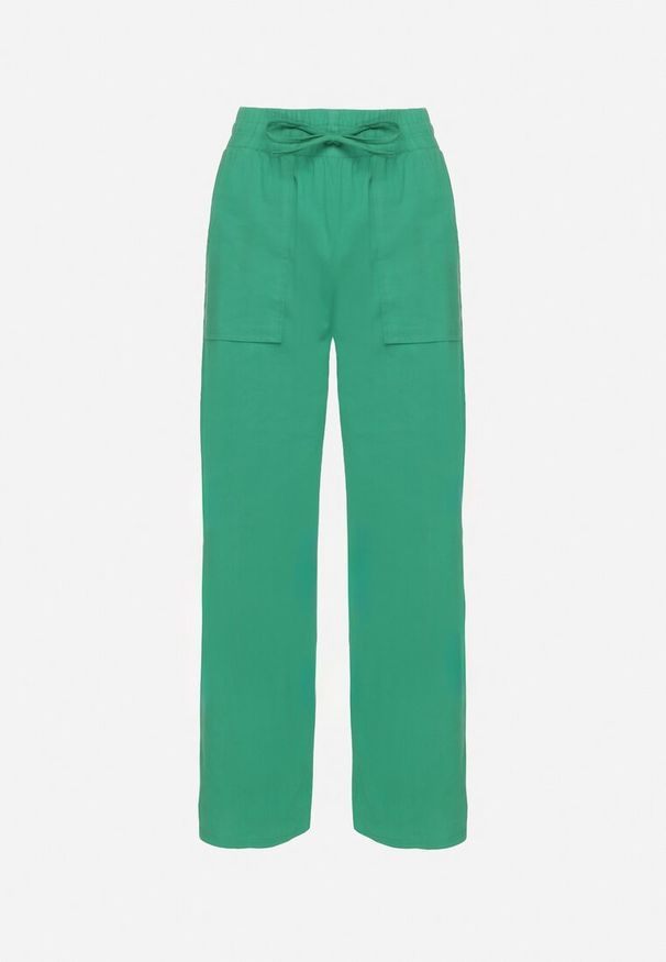Born2be - Zielone Spodnie z Bawełny Ozdobione Wiązaniem Davione. Okazja: na co dzień. Kolor: zielony. Materiał: bawełna. Wzór: aplikacja. Styl: elegancki, casual