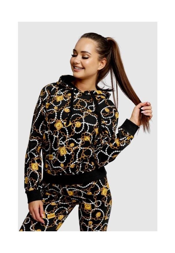 MOSCHINO Bluza damska z kapturem w złote łańcuchy, Rozmiar XS. Typ kołnierza: kaptur. Kolor: czarny. Materiał: prążkowany