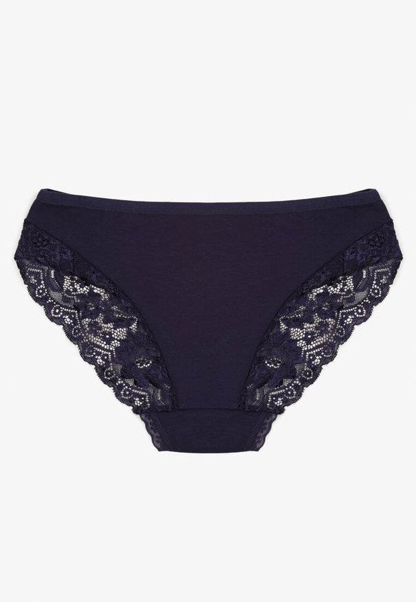Renee - Granatowe Majtki Figi z Koronkowymi Wstawkami Amiora. Kolor: niebieski. Materiał: koronka. Wzór: koronka