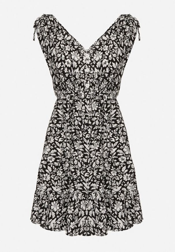 Born2be - Czarno-Biała Bawełniana Sukienka na Ramiączkach ze Ściągaczami i Guzikami z Gumką w Talii Tesria. Okazja: na spacer. Typ kołnierza: dekolt w kształcie V. Kolor: czarny. Materiał: bawełna. Długość rękawa: na ramiączkach. Sezon: lato. Styl: elegancki