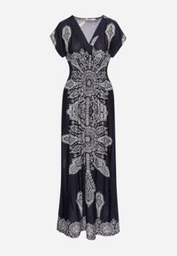 Born2be - Granatowa Sukienka w Ornamentalny Wzór z Kopertowym Dekoltem i Gumką w Talii Elasevia. Typ kołnierza: dekolt kopertowy. Kolor: niebieski. Długość rękawa: krótki rękaw. Typ sukienki: kopertowe #6