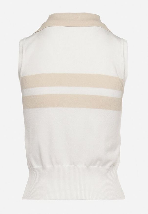Born2be - Beżowa Sweterkowy Top w Paski z Kołnierzykiem Polo Ravitepia. Okazja: do domu. Typ kołnierza: polo. Kolor: beżowy. Wzór: paski. Styl: klasyczny