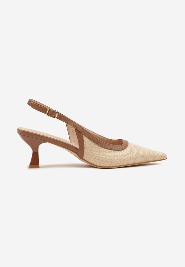 Renee - Beżowe Plecione Sandały Slingback na Obcasie Typu Kaczuszka Kosenela. Okazja: na spotkanie biznesowe, na co dzień, do pracy. Nosek buta: szpiczasty. Kolor: beżowy. Obcas: na obcasie. Styl: elegancki, biznesowy, casual. Wysokość obcasa: średni