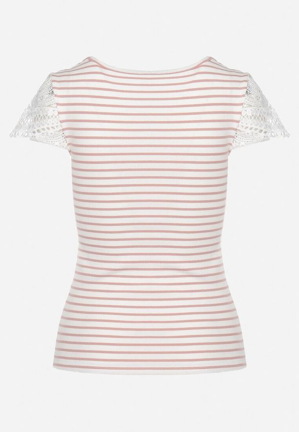 Born2be - Różowo-Biały Bawełniany T-shirt z Prążkowanego Materiału z Koronkowym Dekoltem i Rękawkami Hyacintia. Okazja: na randkę, na co dzień. Kolor: różowy. Materiał: materiał, bawełna, prążkowany, koronka. Długość rękawa: krótki rękaw. Długość: krótkie. Styl: casual