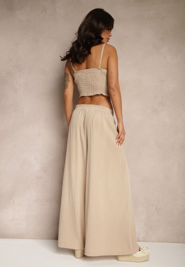 Renee - Beżowy Komplet z Wiskozą Szerokie Spodnie Top z Usztywnianymi Miseczkami Tirtebis. Kolor: beżowy. Materiał: wiskoza