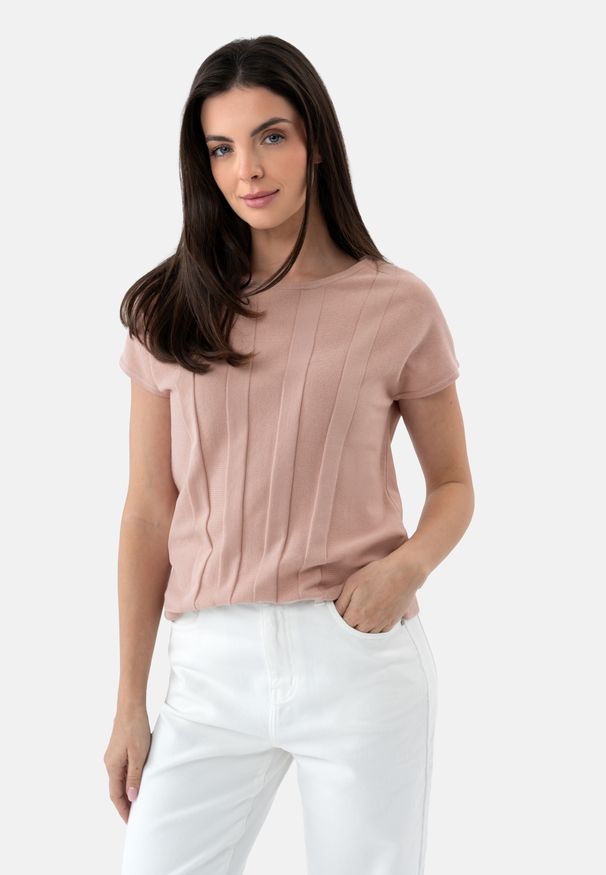 Volcano - Pastelowa bluzka TM-MARION. Materiał: dzianina, poliamid, materiał, skóra, wiskoza, jeans. Długość rękawa: krótki rękaw. Długość: krótkie. Wzór: gładki, ze splotem