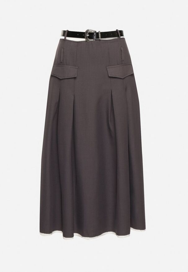 Born2be - Szara Plisowana Rozkloszowana Spódnica z Imitacją Kieszeni Paskiem i Gumką w Talii Evisthai. Okazja: na co dzień. Kolor: szary. Styl: casual, elegancki