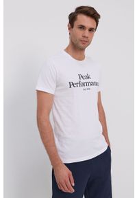 Peak Performance T-shirt bawełniany kolor biały z nadrukiem. Okazja: na co dzień. Kolor: biały. Materiał: bawełna. Wzór: nadruk. Styl: casual