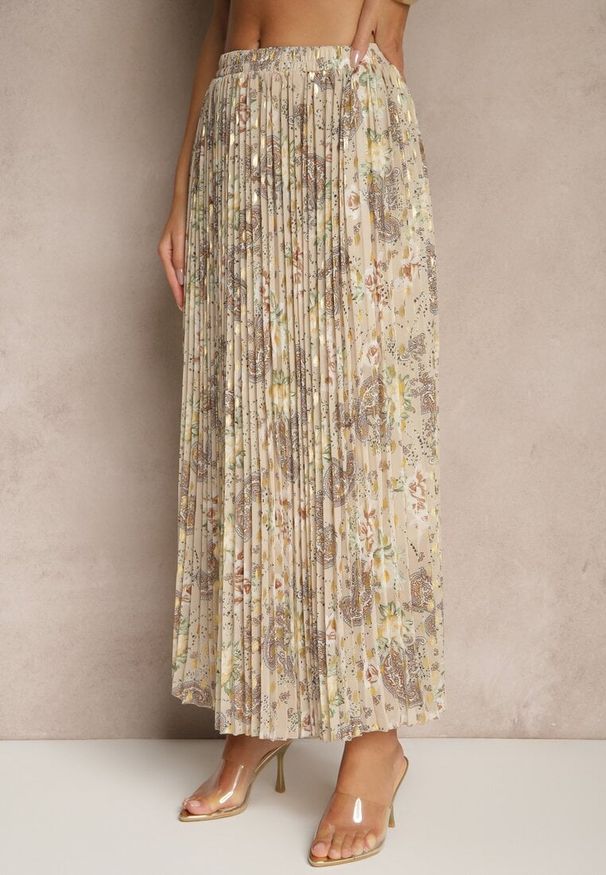 Renee - Beżowa Rozkloszowana Spódnica w Kwiatowy Wzór z Plisami i Metalicznym Nadrukiem Follanea. Okazja: na co dzień. Kolor: beżowy. Wzór: nadruk, kwiaty. Sezon: wiosna, lato. Styl: klasyczny, casual, elegancki