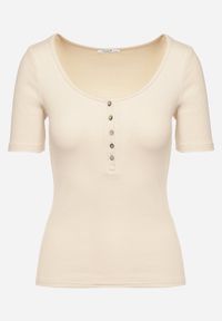 Born2be - Beżowy Prążkowany T-shirt z Bawełny Ozdobiony Guzikami Tasavia. Okazja: na co dzień. Kolor: beżowy. Materiał: bawełna, prążkowany. Wzór: aplikacja. Styl: klasyczny, elegancki, casual #5