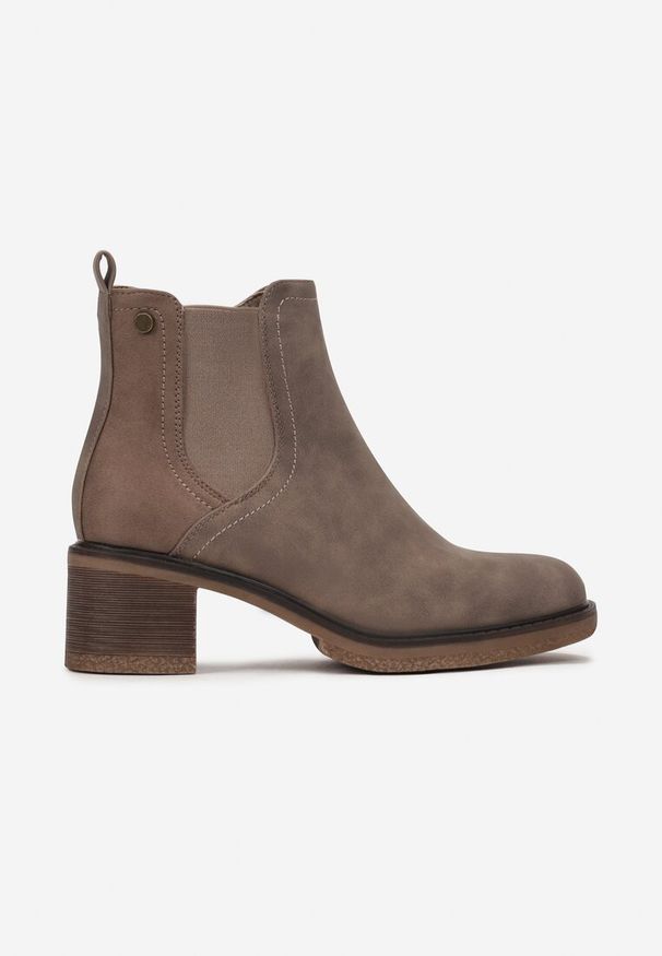 Born2be - Ciemnobeżowe Botki na Niskim Słupku Raansela. Kolor: beżowy. Obcas: na słupku. Styl: elegancki
