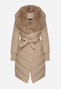 Born2be - Beżowa Elegancka Kurtka z Pikowanymi Przeszyciami i Futrzanym Kołnierzem Gallea. Okazja: na spacer, na co dzień. Kolor: beżowy. Materiał: futro. Sezon: zima. Styl: elegancki #7