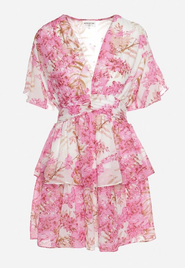 Born2be - Różowa Kwiecista Sukienka z Dekoltem w Serek i Gumką w Pasie z Falbankami Krinna. Okazja: na co dzień. Typ kołnierza: kołnierz z falbankami, dekolt w serek. Kolor: różowy. Styl: casual, elegancki