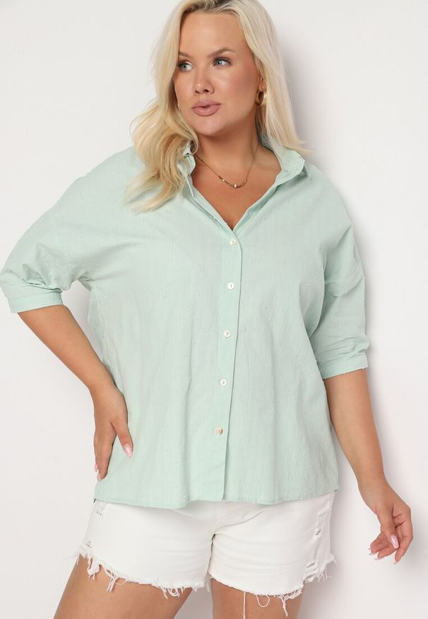Born2be - Jasnozielona Bawełniana Koszula z Krótkim Rękawem Tinalyni. Okazja: do pracy, na spotkanie biznesowe. Kolekcja: plus size. Kolor: zielony. Materiał: bawełna. Długość rękawa: krótki rękaw. Długość: krótkie. Styl: biznesowy, klasyczny, elegancki