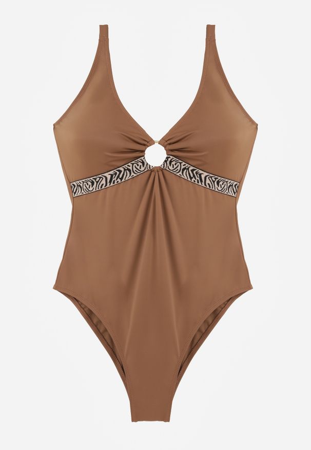 Renee - Brązowy Strój Kąpielowy z Paskiem w Geometryczny Print i Wycięciem Helania. Kolekcja: plus size. Kolor: brązowy. Wzór: geometria, nadruk