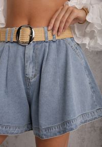 Renee - Jasnoniebieskie Szorty Jeansowe High Waist z Bawełny z Elastycznym Paskiem Tinreia. Okazja: na co dzień. Stan: podwyższony. Kolor: niebieski. Materiał: bawełna, jeans. Długość: krótkie. Sezon: lato. Styl: casual #7