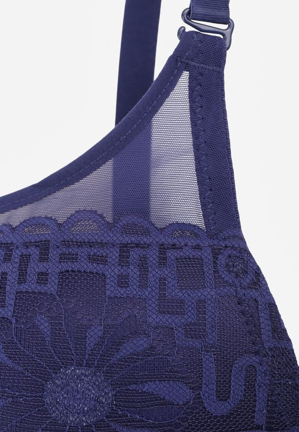 Renee - Granatowy Biustonosz Ozdobiony Transparentnymi Wstawkami i Koronką Brannor. Kolor: niebieski. Materiał: koronka. Wzór: aplikacja, koronka