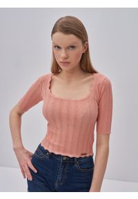Big-Star - Sweter damski o ażurowym splocie Naome 702. Kolor: różowy. Materiał: jeans. Wzór: ze splotem, ażurowy