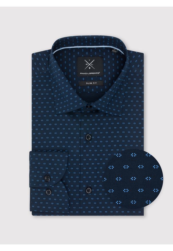 Pako Lorente - PAKO LORENTE – Granatowa koszula męska w mikrowzór. Kolor: niebieski. Materiał: bawełna, elastan. Długość rękawa: długi rękaw. Długość: długie. Sezon: wiosna, lato