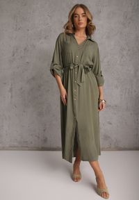 Renee - Zielona Koszulowa Sukienka z Bawełny z Wiązanym Paskiem i Podpinanymi Rękawami Cesela. Okazja: na co dzień. Kolor: zielony. Materiał: bawełna. Typ sukienki: koszulowe. Styl: boho, casual #4