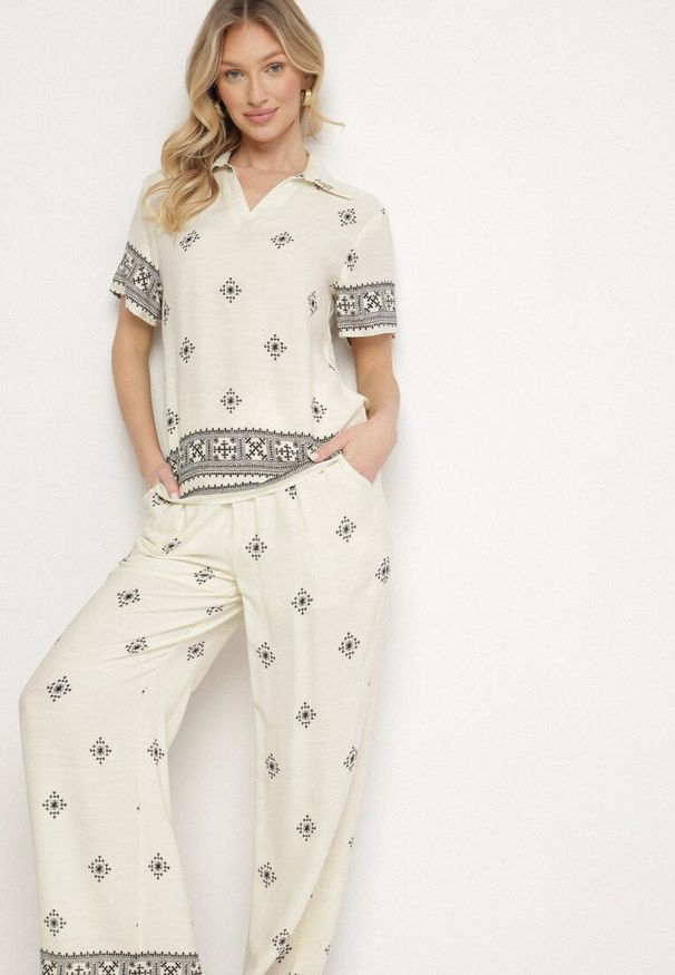 Born2be - Jasnobeżowy Komplet z Wiskozy Bluzka z Krótkim Rękawem i Szerokie Spodnie Janavielle. Kolor: beżowy. Materiał: wiskoza