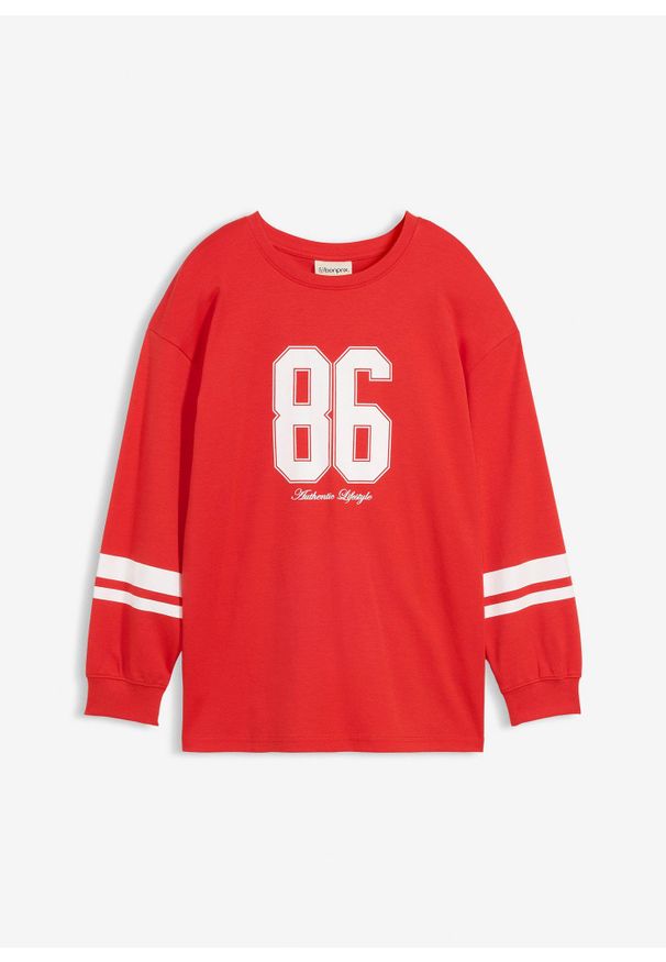 bonprix - Bluzka z długim rękawem oversize z czystej bawełny organicznej. Kolor: czerwony. Materiał: bawełna. Długość rękawa: długi rękaw. Długość: długie. Wzór: nadruk. Styl: sportowy