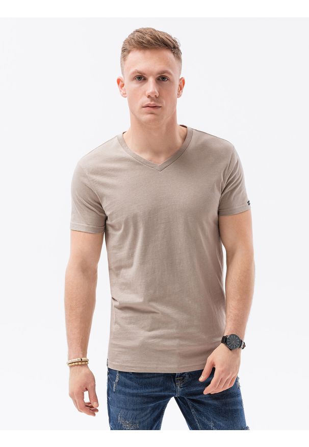 Ombre Clothing - T-shirt męski bawełniany basic S1369 - jasnobrązowy - XXL. Kolor: brązowy. Materiał: bawełna. Styl: klasyczny