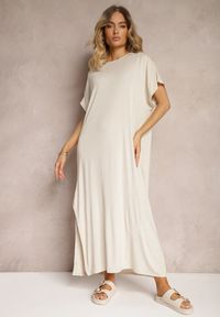 Renee - Beżowa Pudełkowa Sukienka z Wiskozy z Rozcięciem Vimoray. Kolor: beżowy. Materiał: wiskoza