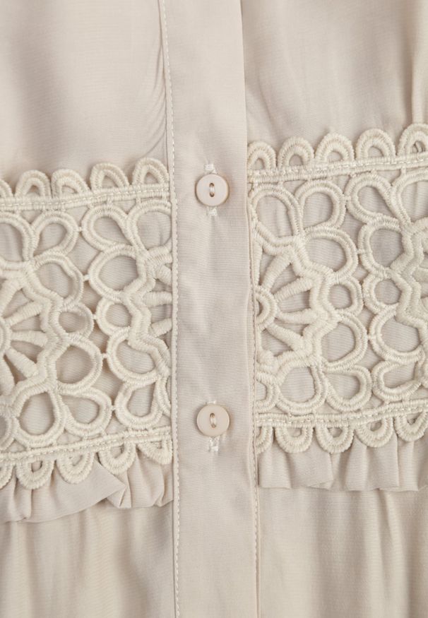 Renee - Beżowa Boho Sukienka z Wiskozą o Rozkloszowanym Kroju z Ażurowymi Wstawkami Idacea. Okazja: na komunię, na co dzień. Kolor: beżowy. Materiał: wiskoza. Wzór: ażurowy. Typ sukienki: trapezowe, koszulowe. Styl: boho