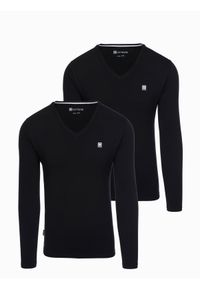 Ombre Clothing - Zestaw męskich longsleeve'ów SLIM FIT z dekoltem typu V i logotypem 2-pak– czarny V3 - Rozmiar: XXL. Okazja: na co dzień. Kolor: czarny. Materiał: bawełna, elastan, materiał. Długość rękawa: długi rękaw. Wzór: gładki, jednolity. Styl: klasyczny, casual
