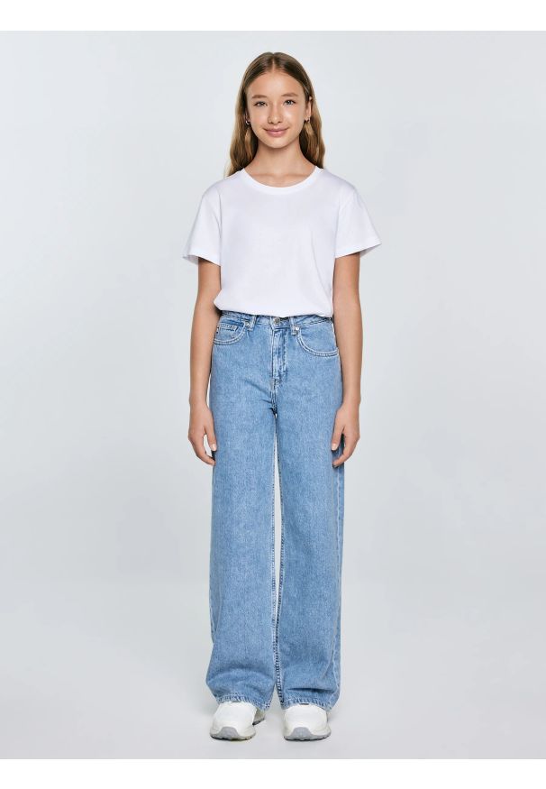 Big-Star - Jeansy dziewczęce z szeroką nogawką niebieskie Natalie 194. Okazja: na spacer, na uczelnię, na co dzień. Stan: podwyższony. Kolor: niebieski. Materiał: jeans. Sezon: lato. Styl: młodzieżowy, casual