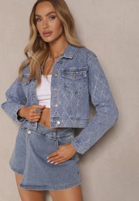 Renee - Niebieska Kurtka Jeansowa z Bawełny z Cyrkoniami Wallirna. Okazja: na co dzień. Kolor: niebieski. Materiał: bawełna, jeans. Wzór: aplikacja. Styl: klasyczny, casual