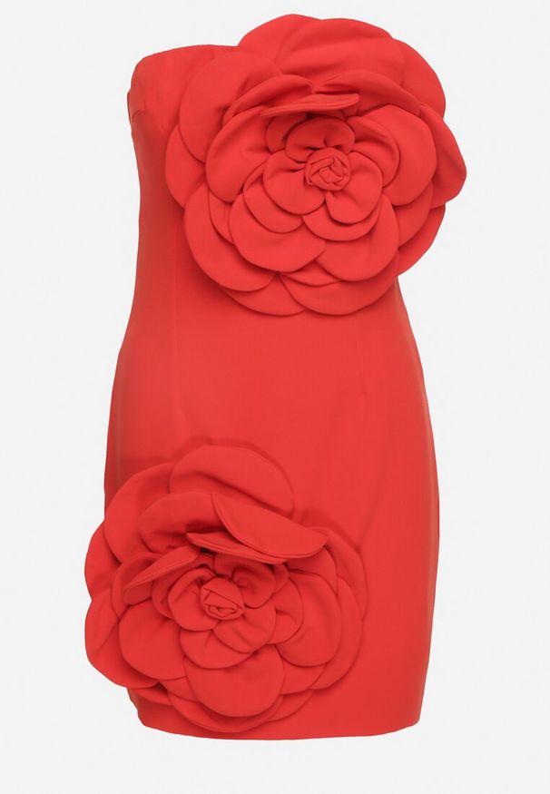 Born2be - Czerwona Sukienka z Dekoltem Bandeau Ozdobiona Kwiatami 3D Desarea. Okazja: na wesele, na imprezę, na ślub cywilny. Kolor: czerwony. Długość rękawa: na ramiączkach. Wzór: kwiaty, aplikacja. Sezon: lato. Styl: elegancki