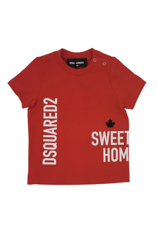 DSQUARED2 KIDS - Czerwony bawełniany t-shirt 0-3 lat. Kolor: czerwony. Materiał: bawełna. Wzór: napisy. Sezon: lato