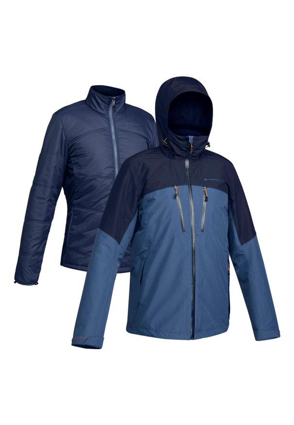 FORCLAZ - Kurtka trekkingowa męska wodoodporna 3w1 Forclaz Travel 500 - 10°C. Kolor: niebieski. Materiał: tkanina