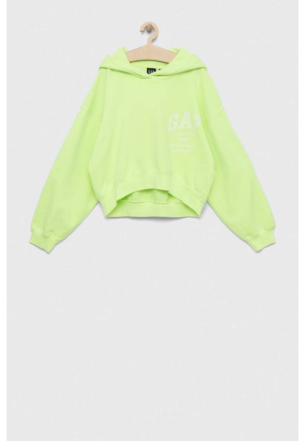 GAP bluza dziecięca kolor zielony z kapturem z nadrukiem. Typ kołnierza: kaptur. Kolor: zielony. Wzór: nadruk