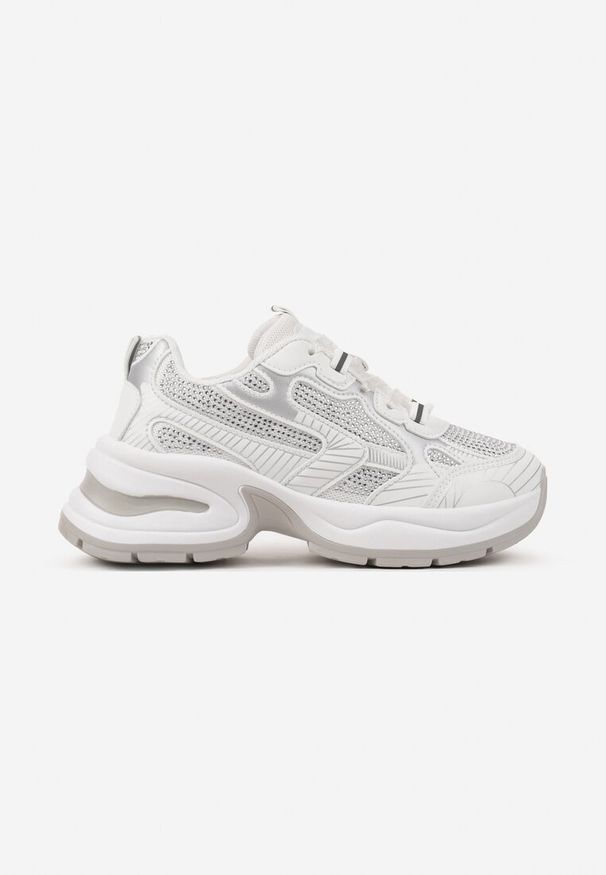 Renee - Białe Brokatowe Sneakersy w Streetwearowym Stylu na Piankowej Podeszwie Felindris. Okazja: na co dzień. Zapięcie: sznurówki. Kolor: biały. Materiał: jeans. Wzór: aplikacja