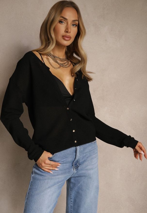 Renee - Czarny Rozpinany Kardigan z Wiskozą Parvanis. Okazja: na co dzień. Kolor: czarny. Materiał: wiskoza. Wzór: aplikacja. Styl: elegancki, casual