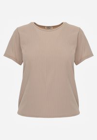 Renee - Beżowy T-shirt Basic z Okrągłym Dekoltem Dolea. Okazja: na co dzień. Kolor: beżowy. Materiał: jeans. Długość: krótkie. Wzór: gładki. Styl: casual #4