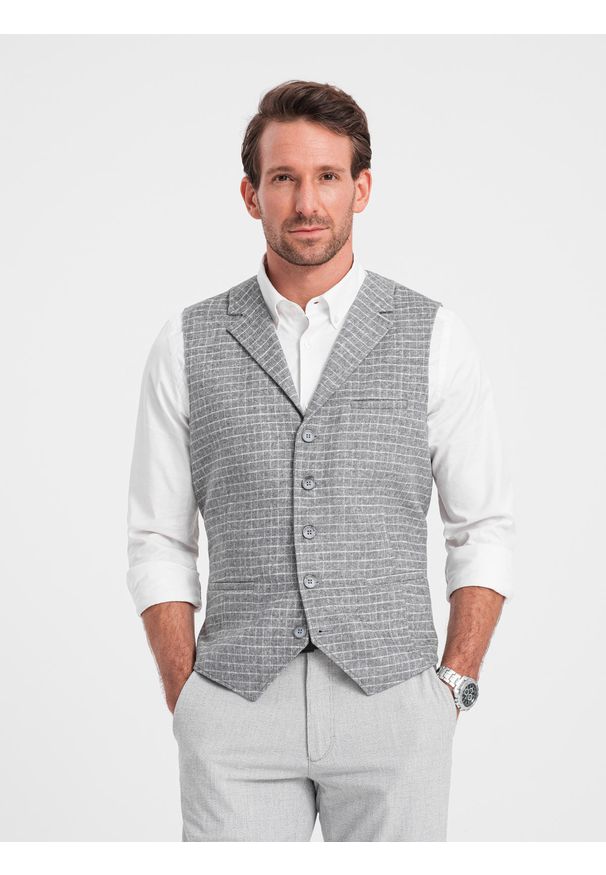 Ombre Clothing - Kamizelka męska z domieszką wełny z klapami w kratkę - jasnoszara V2. Kolor: szary. Materiał: wełna. Wzór: kratka