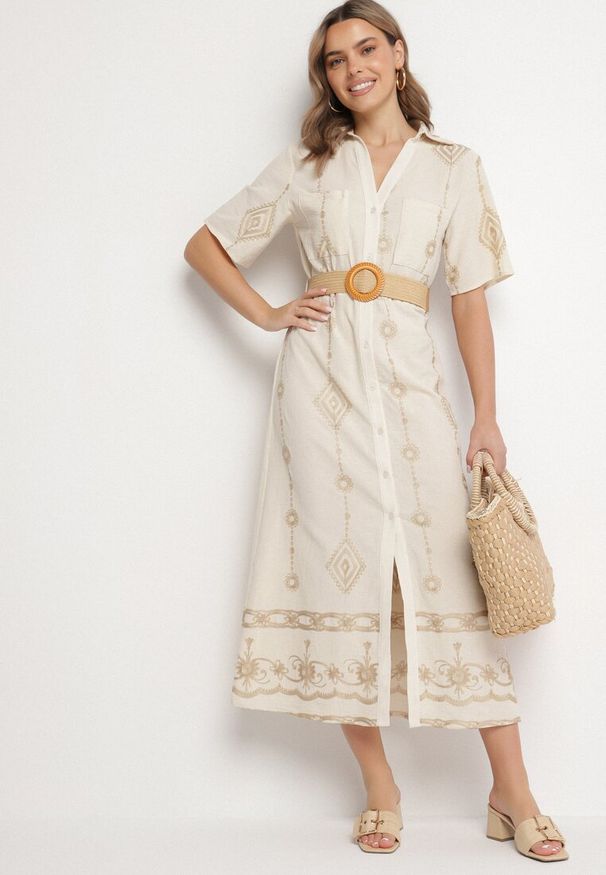 Born2be - Beżowa Bawełniana Sukienka Koszulowa z Ozdobnym Paskiem i Haftem Evialisse. Okazja: na co dzień, na imprezę. Kolor: beżowy. Materiał: bawełna. Wzór: haft. Typ sukienki: koszulowe. Styl: casual, elegancki