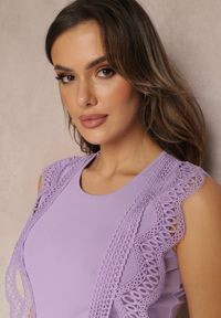 Renee - Fioletowy Top z Koronkowymi Wstawkami Karyme. Okazja: na co dzień. Kolor: fioletowy. Materiał: koronka. Długość rękawa: krótki rękaw. Wzór: gładki. Styl: wizytowy, casual, elegancki #5