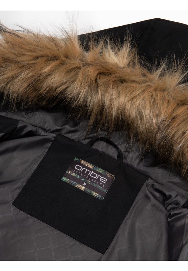 Ombre Clothing - Ocieplana męska kurtka alaska z kieszeniami i rozpinanym dołem – czarna V2 OM-JALJ-0148 - L. Typ kołnierza: kaptur. Kolor: czarny. Materiał: materiał, syntetyk. Długość: długie. Wzór: moro. Styl: militarny