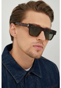 SAINT LAURENT - Saint Laurent okulary przeciwsłoneczne męskie kolor brązowy. Kształt: prostokątne. Kolor: brązowy. Wzór: geometria #1