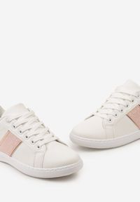 Renee - Biało-Różowe Sneakersy Sznurowane Ozdobione Brokatem Vistasta. Nosek buta: okrągły. Zapięcie: sznurówki. Kolor: biały. Materiał: materiał. Wzór: aplikacja. Obcas: na obcasie. Wysokość obcasa: niski #5
