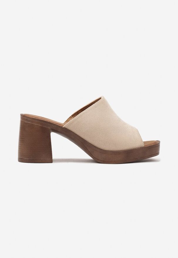 Renee - Beżowe Klapki na Słupku w Stylu Basic Zorinea. Okazja: na co dzień. Kolor: beżowy. Materiał: jeans. Sezon: lato, wiosna. Obcas: na słupku. Styl: elegancki, casual