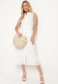 Born2be - Biała Bawełniana Sukienka Ażurowa o Koszulowym Kroju z Materiałowym Paskiem w Talii Vikiiana. Kolor: biały. Materiał: bawełna, materiał. Wzór: ażurowy. Typ sukienki: koszulowe. Styl: elegancki, wizytowy #5